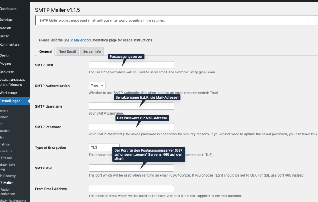 Einstellungen des SMTP-Mailers